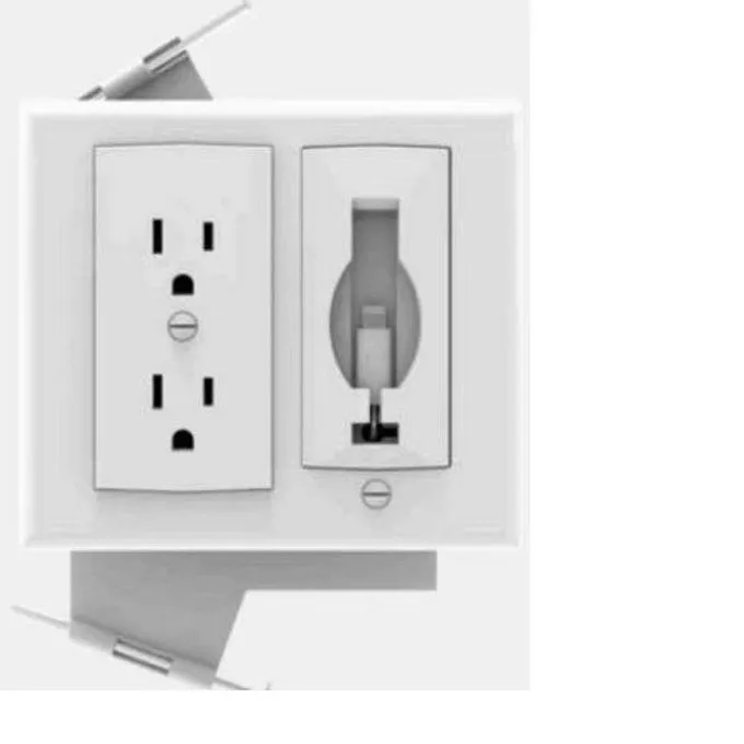 Dual gang wall outlet box with outlet and retractable charging cable