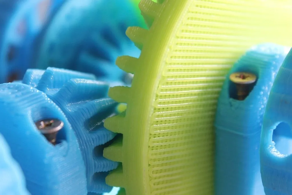 Close-up of 3D-printed prototype gears