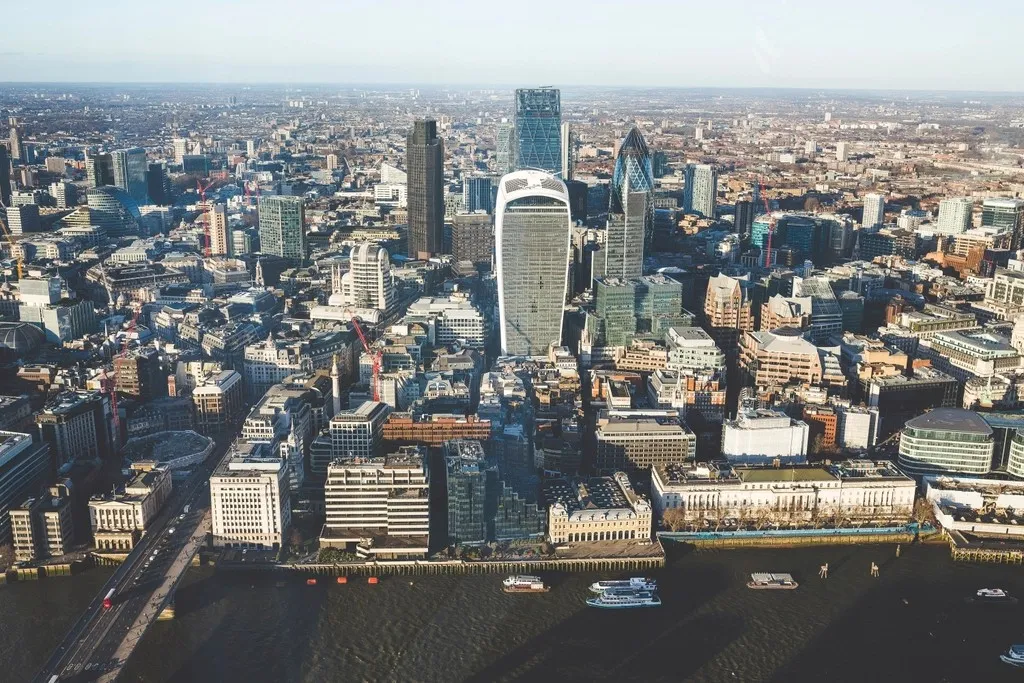 Aerial view of a city financial district