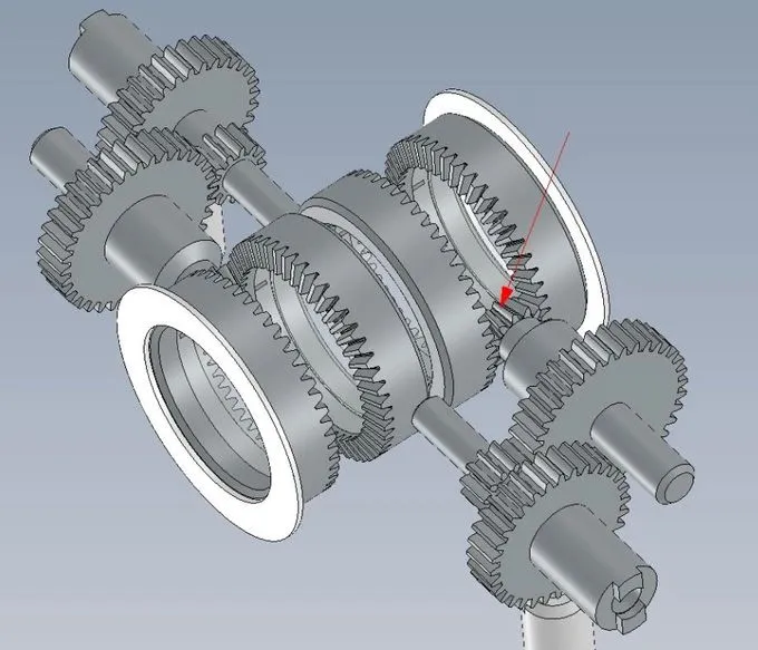 CAD model of a gearbox shaft assembly